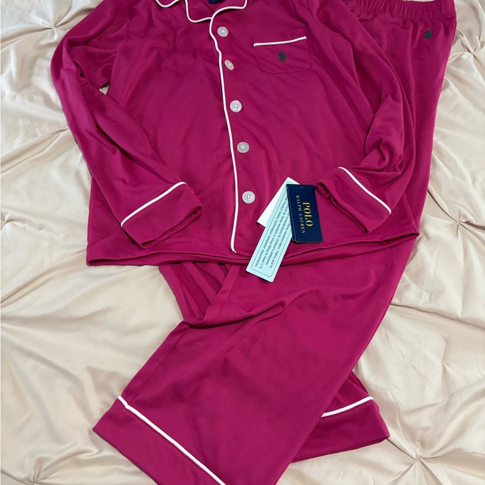 Polo by Ralph Lauren Girls Magenta Pink Contrast-Trim Pajama Set